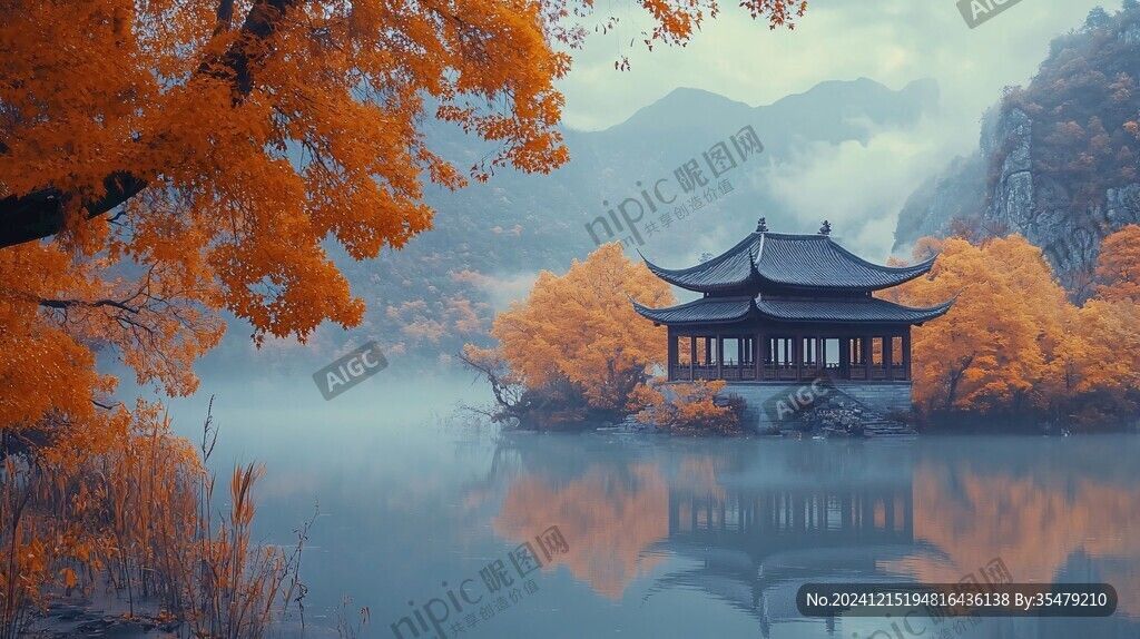 江南秋日薄雾中的湖泊山水